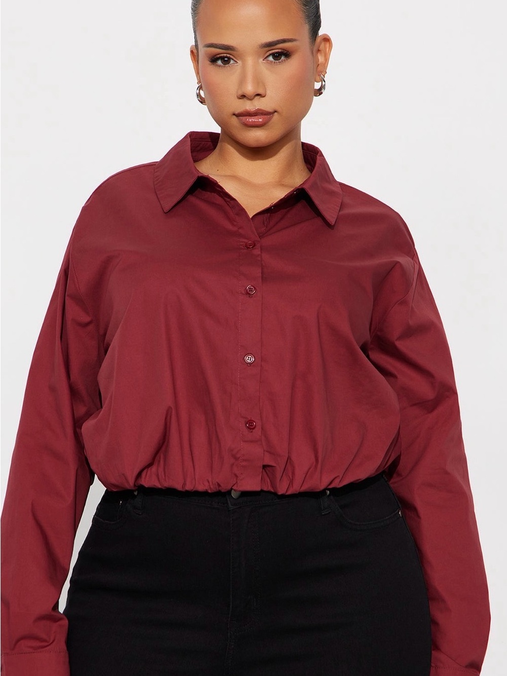Fashion Nova Women's Button-Front Cropped Shirt - Burgundy